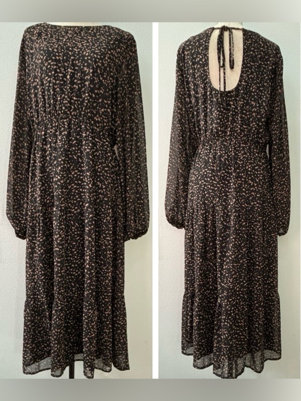 EUC Rokoko black dotted print long sleeve dress size L